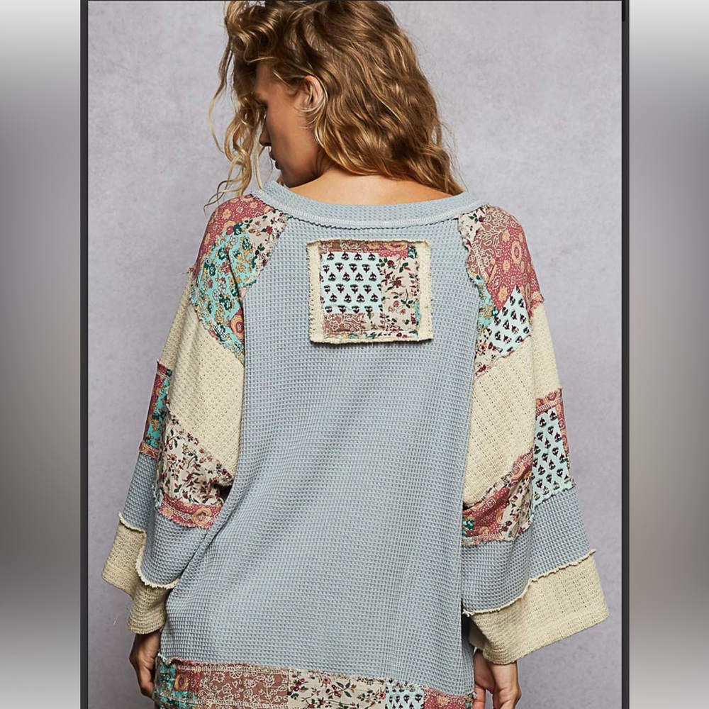 POL Patchwork Peace Sign Waffle Knit Sweater in Light Blue, Cream, Pink - Picture 3 of 3